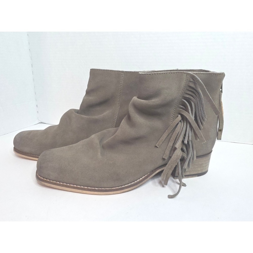 Seychelles Easy Come Easy Go Suede Fringe Ankle Boots Taupe Back Zip SZ 9